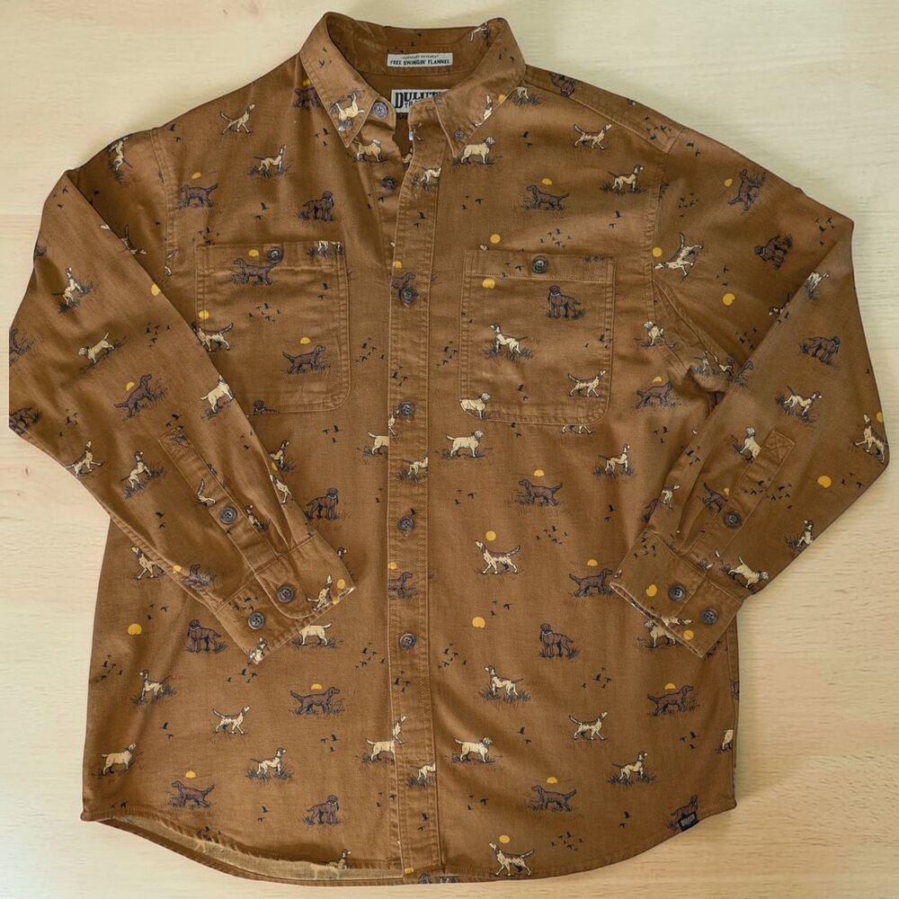 Duluth Trading Co Free Swingin Flannel Shirt Mens LARGE Brown Dogs Outdoor